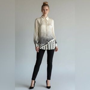 Laurel quiet luxury 100% silk academia style cream and black button up shirt